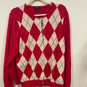 Lands' End Red and Cream Argyle Cardigan